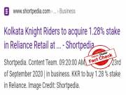 Fact Check: Kolkata Knight Riders will not acquire 1.28% stake in Reliance Retail